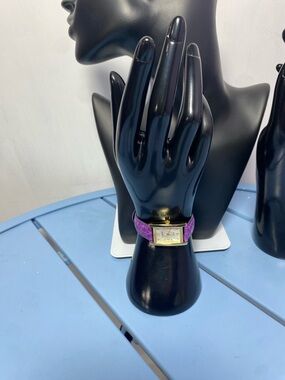 Gruen Women's Quartz Watch Gold Tone Rectangular Case Purple Leather Band